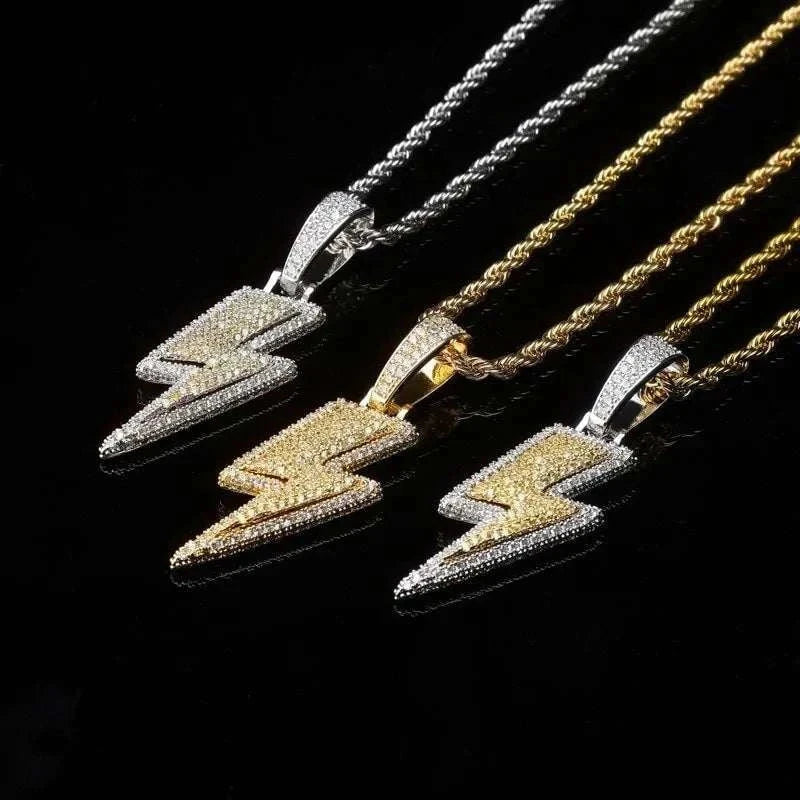 Hip Hop Lightning Pendant Necklace With Zircon Tennis Chain Iced Out