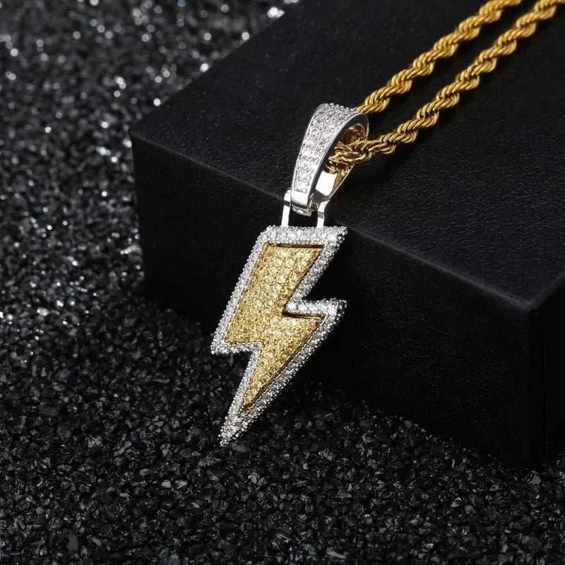 Hip Hop Lightning Pendant Necklace With Zircon Tennis Chain Iced Out
