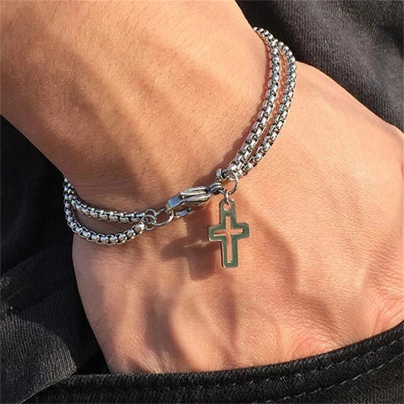 Bold and stylish double chain pendant featuring a hollow cross design