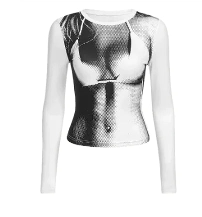 Grunge Grafische Print Lange Mouw Crop Tee Top voor Dames