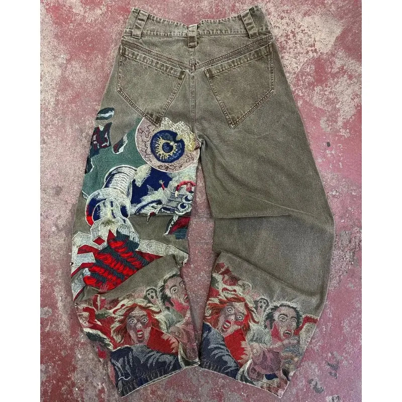 Retro Zwarte Patchwork Hip Hop Jeans