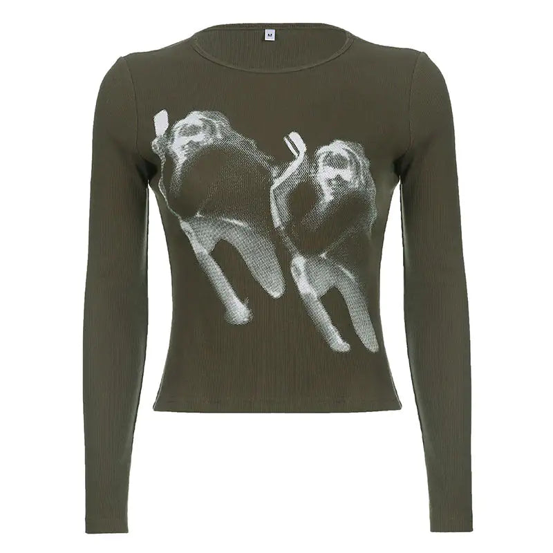 Double Trouble Graphic Ribbed Long Sleeve Cropped Top