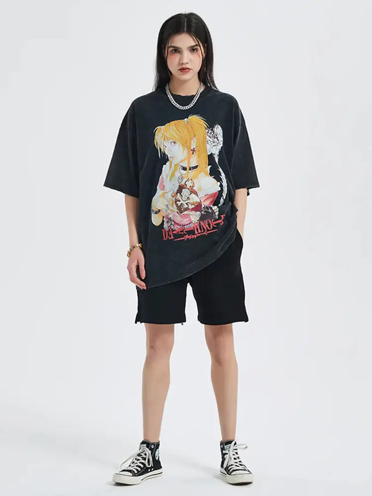 Vintage Washed Tshirts for Men Digital Printing Anime Graphic