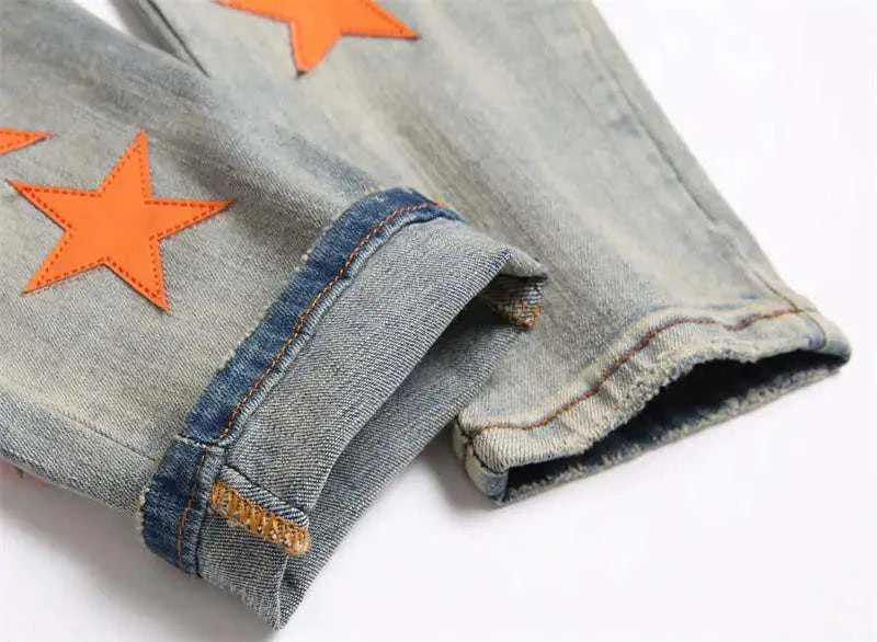 High Street Orange Star Embroidery Jeans Make a bold fashion statement