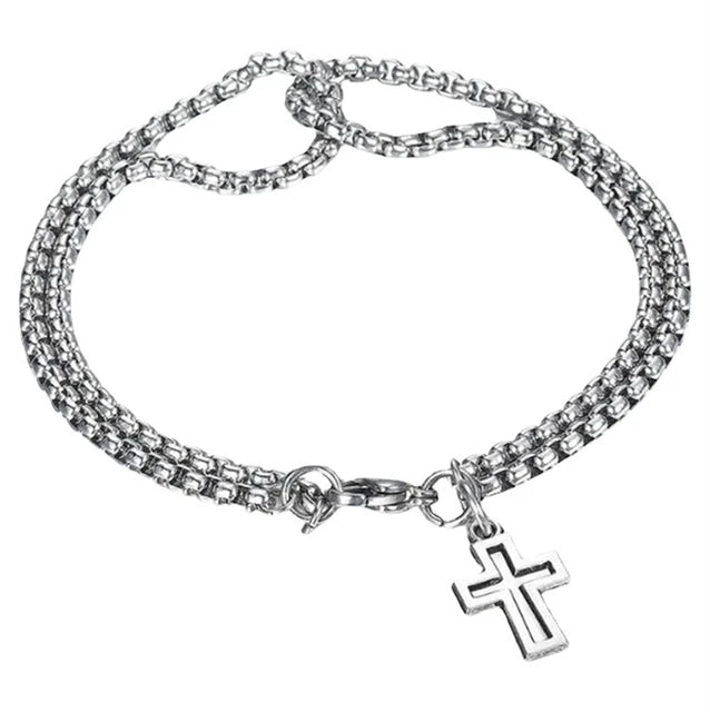 Bold and stylish double chain pendant featuring a hollow cross design