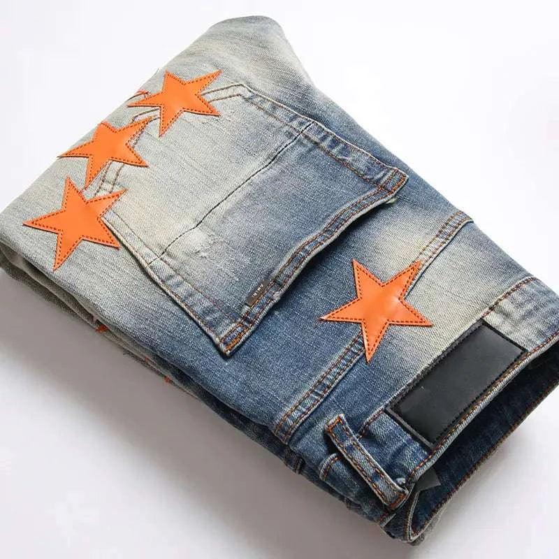 High Street Orange Star Embroidery Jeans Make a bold fashion statement