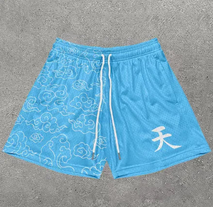 Chique stijlvolle Y2K grafische letterprint gymshorts voor heren Snel drogende ademende shorts met zakken Casual workout fitness hardlopen